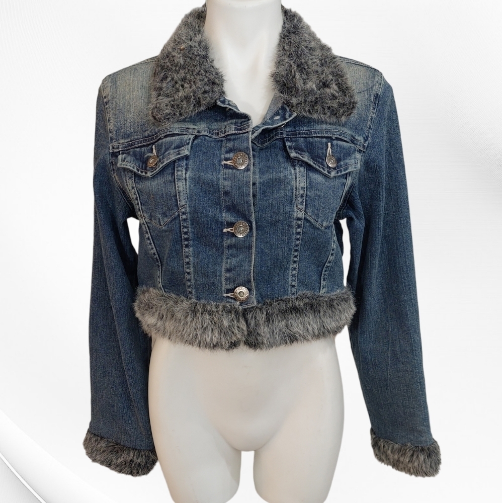 Americana Blues Denim Crop Jean Jacket Faux Fur Details Size L